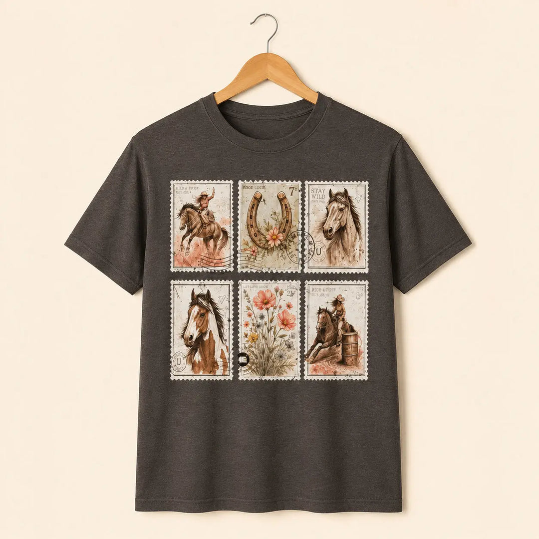 Clean studio view of Western Stamps graphic tee