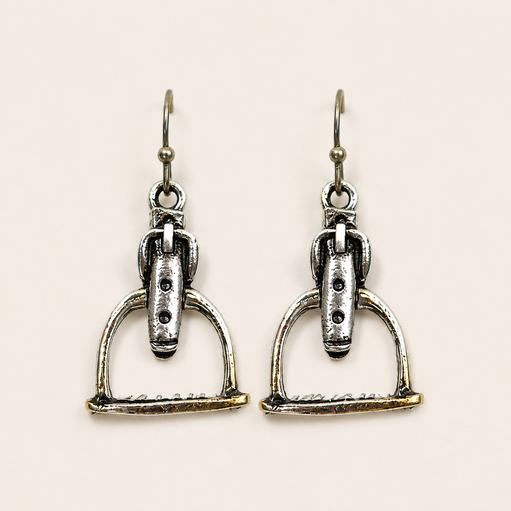 Antique silver-tone Western stirrup lightweight dangle earrings, clean product view