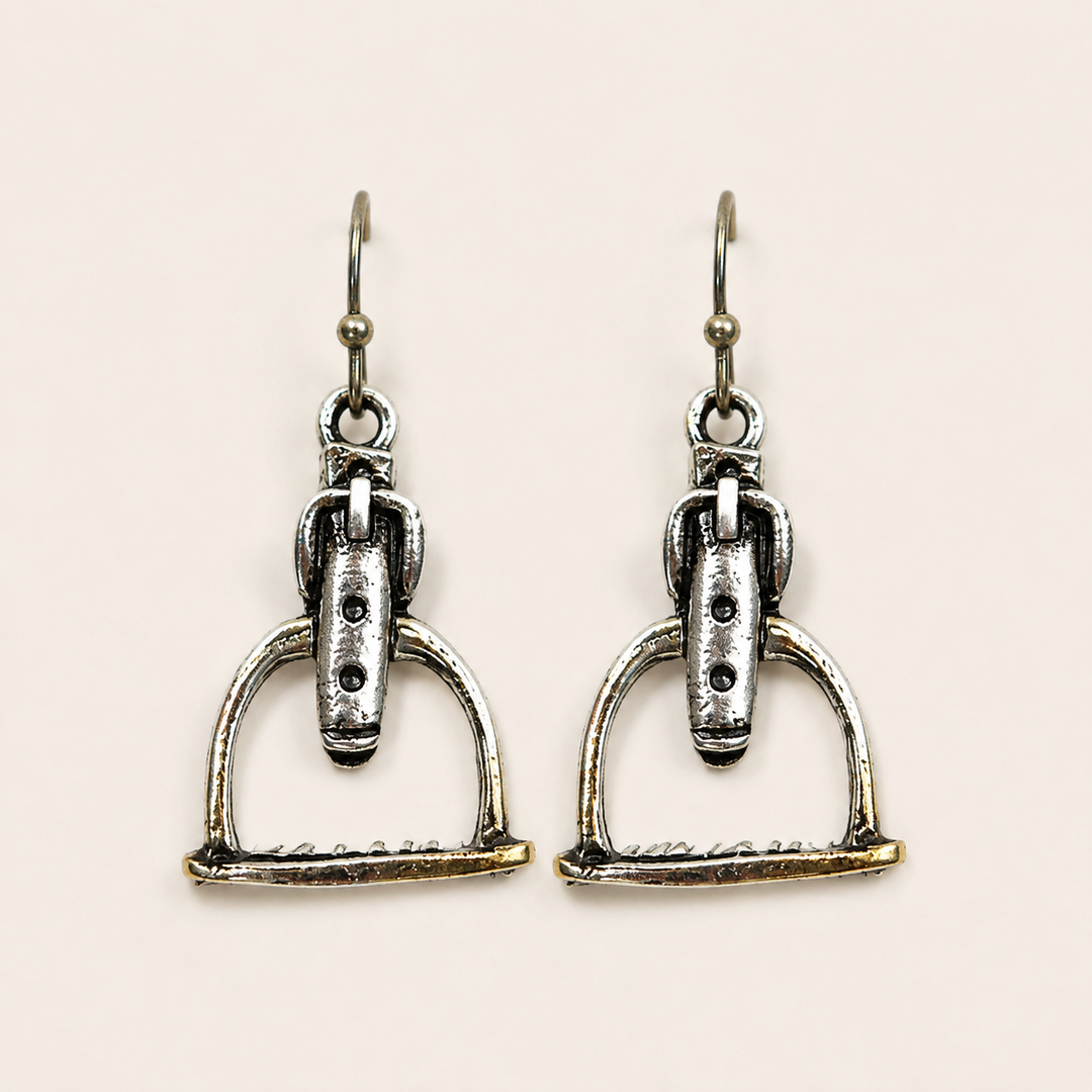 Antique silver-tone Western stirrup lightweight dangle earrings, clean product view
