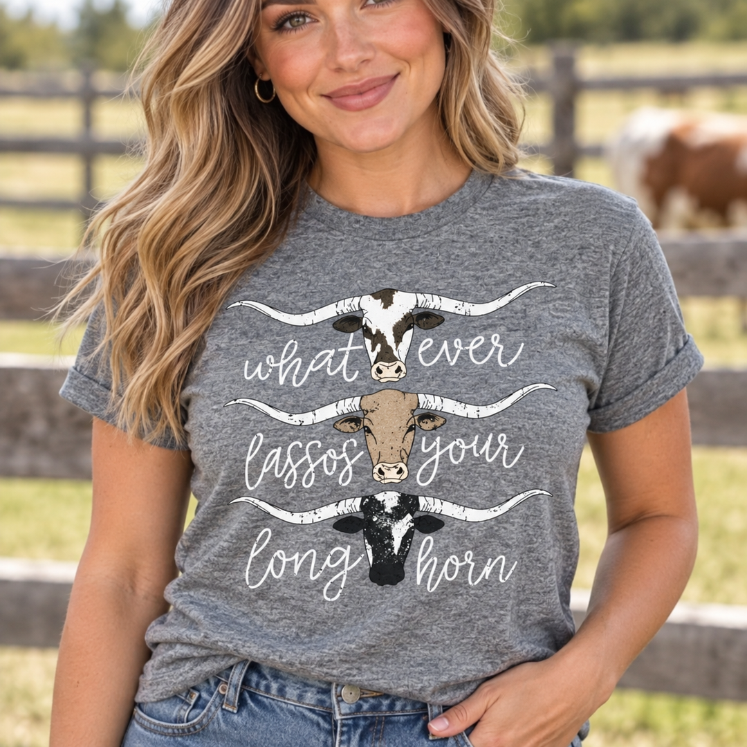 Whatever Lassos Your Longhorn heather grey tee close model view at a ranch