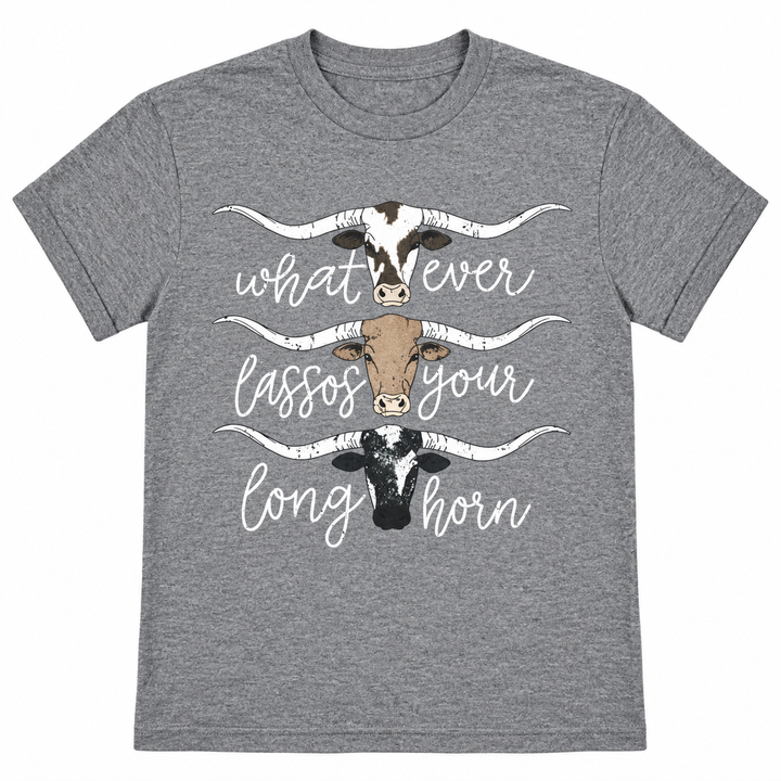 Whatever Lassos Your Longhorn heather grey tee lay-flat on white