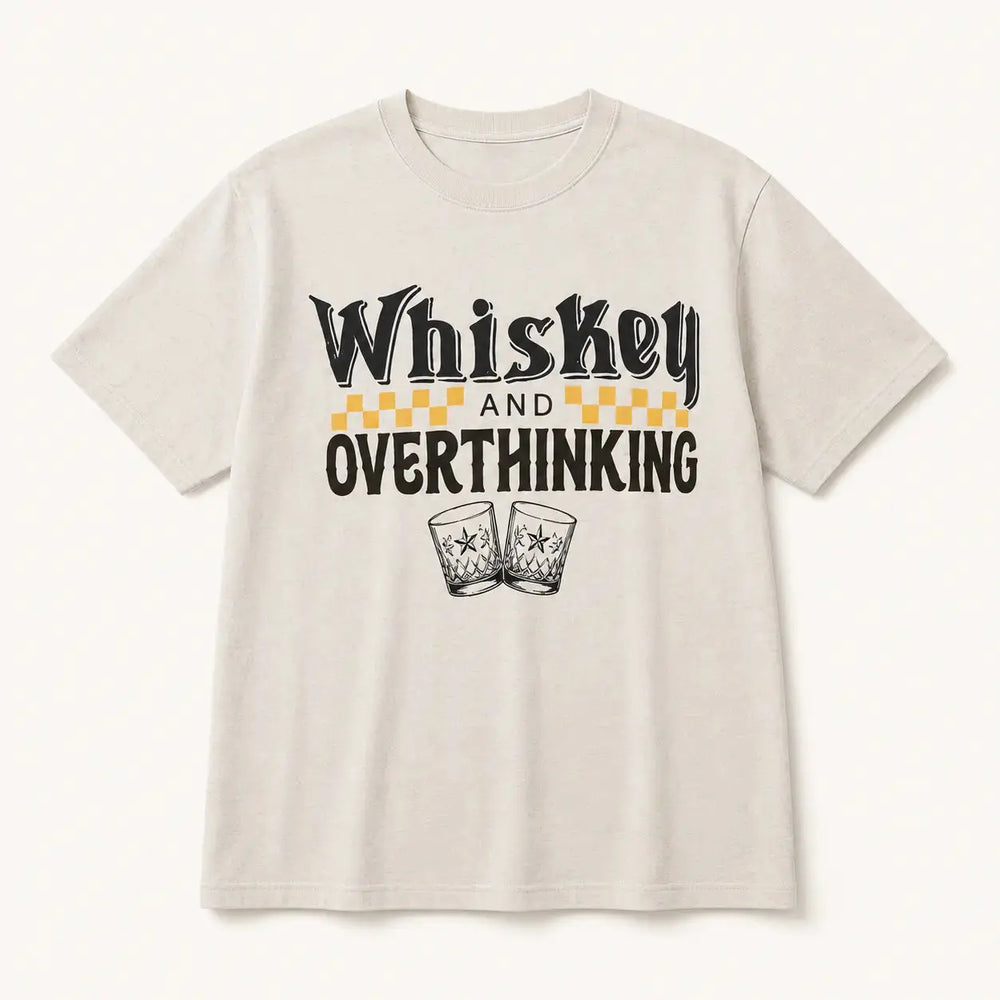 Whiskey and Overthinking graphic tee in Silver, front product view