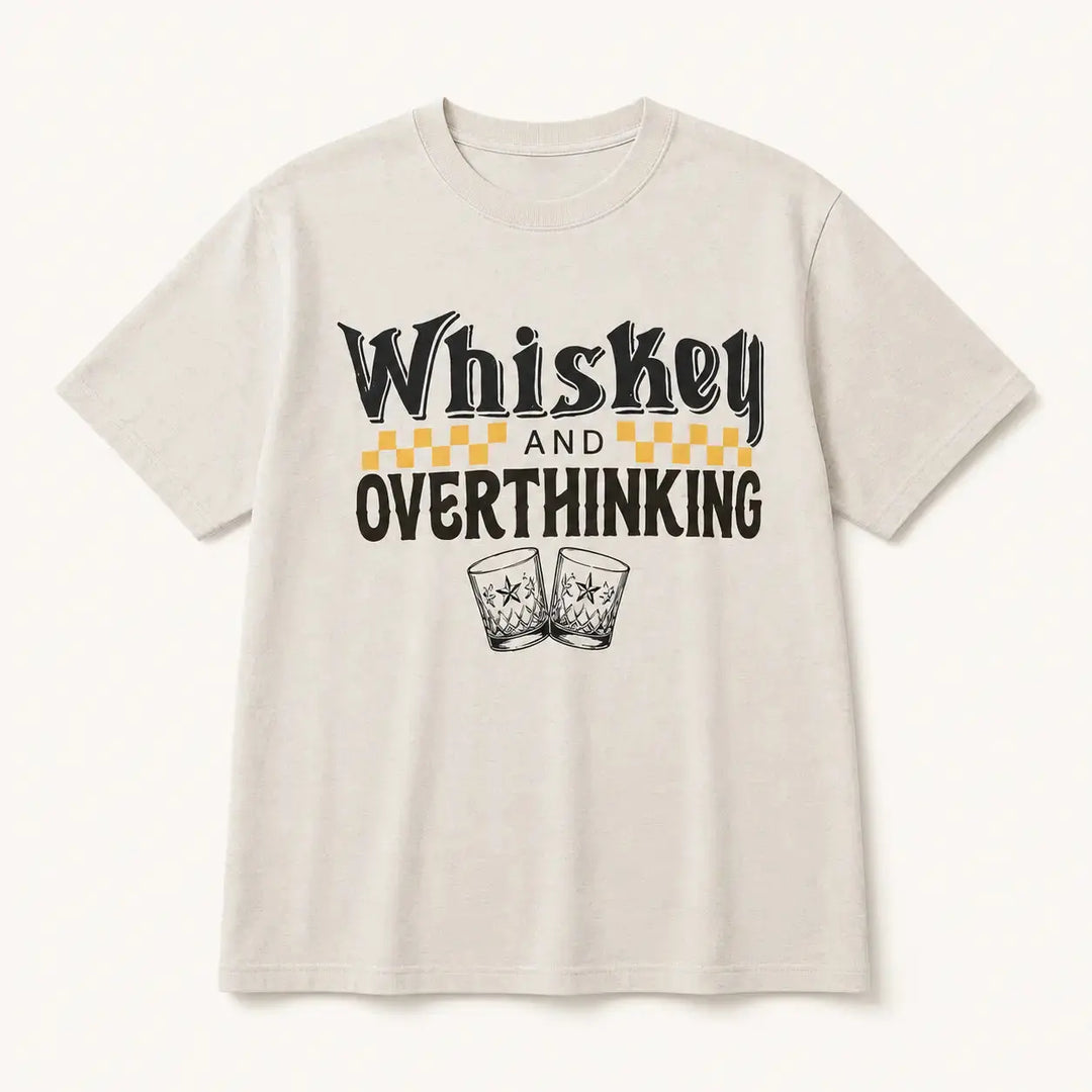 Whiskey and Overthinking graphic tee in Silver, front product view