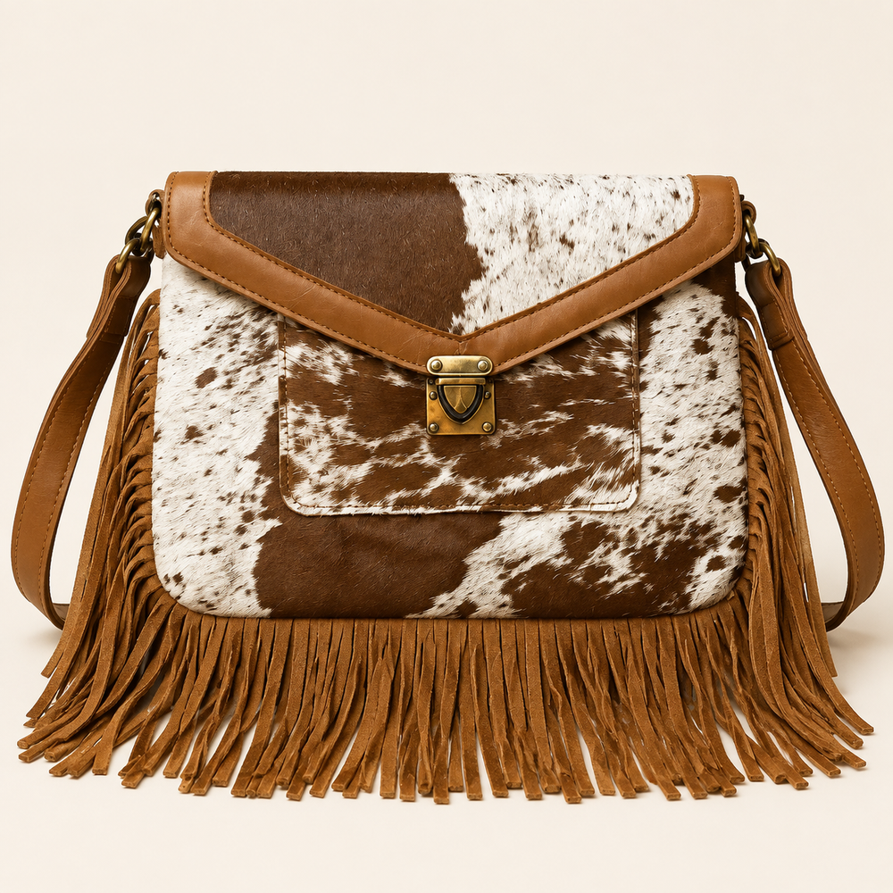 Whiskey Wild brown-and-white cowhide fringe crossbody bag with front pocket, product view