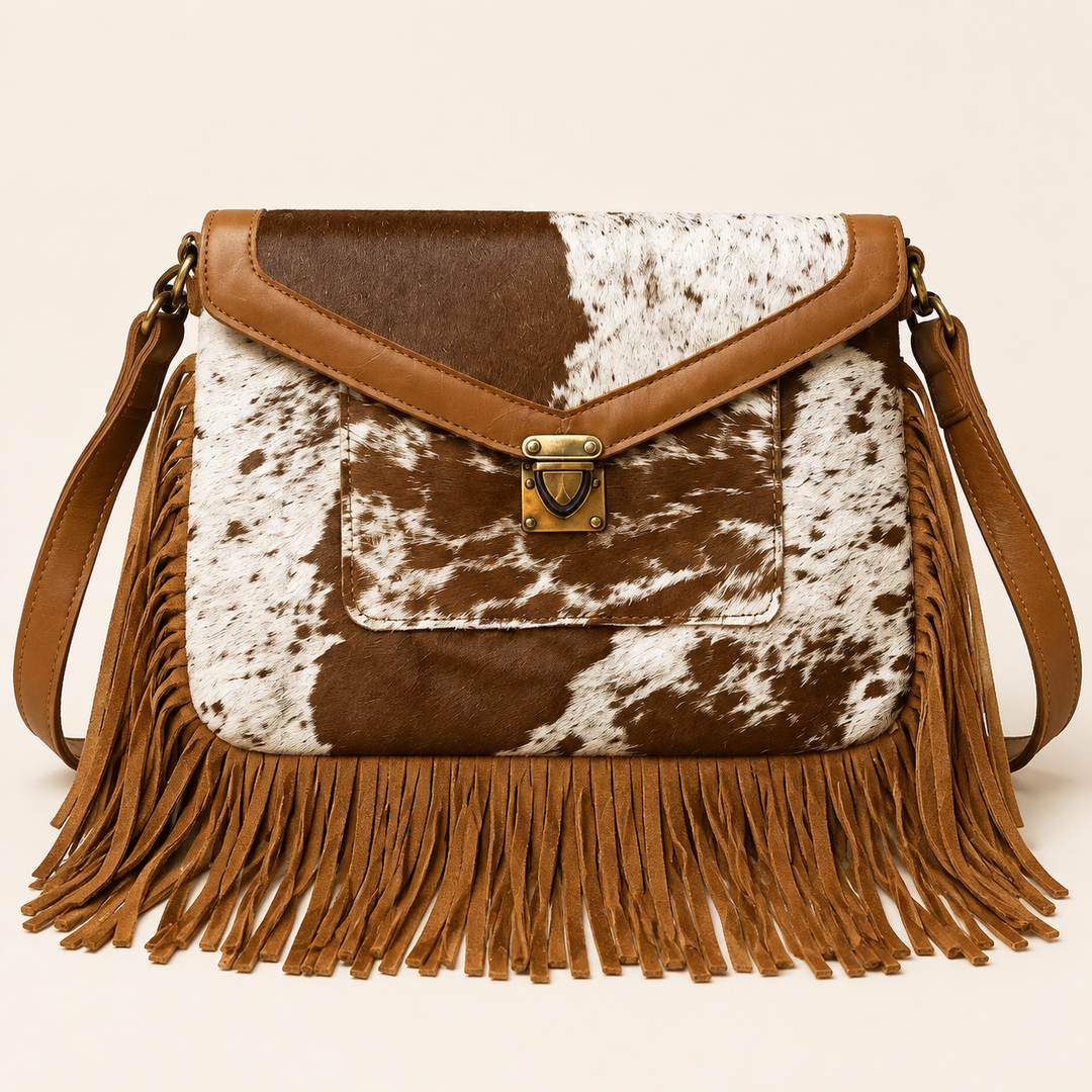 Whiskey Wild brown-and-white cowhide fringe crossbody bag with front pocket, product view