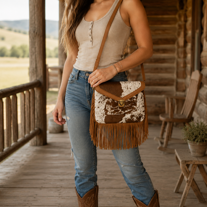 Woman wearing the Whiskey Wild brown cowhide fringe crossbody bag on a ranch porch