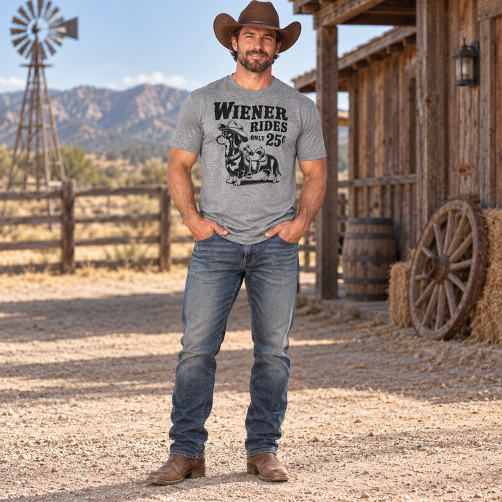 Full-length male model wearing Wiener Dog Rides Heather Graphite funny T-shirt
