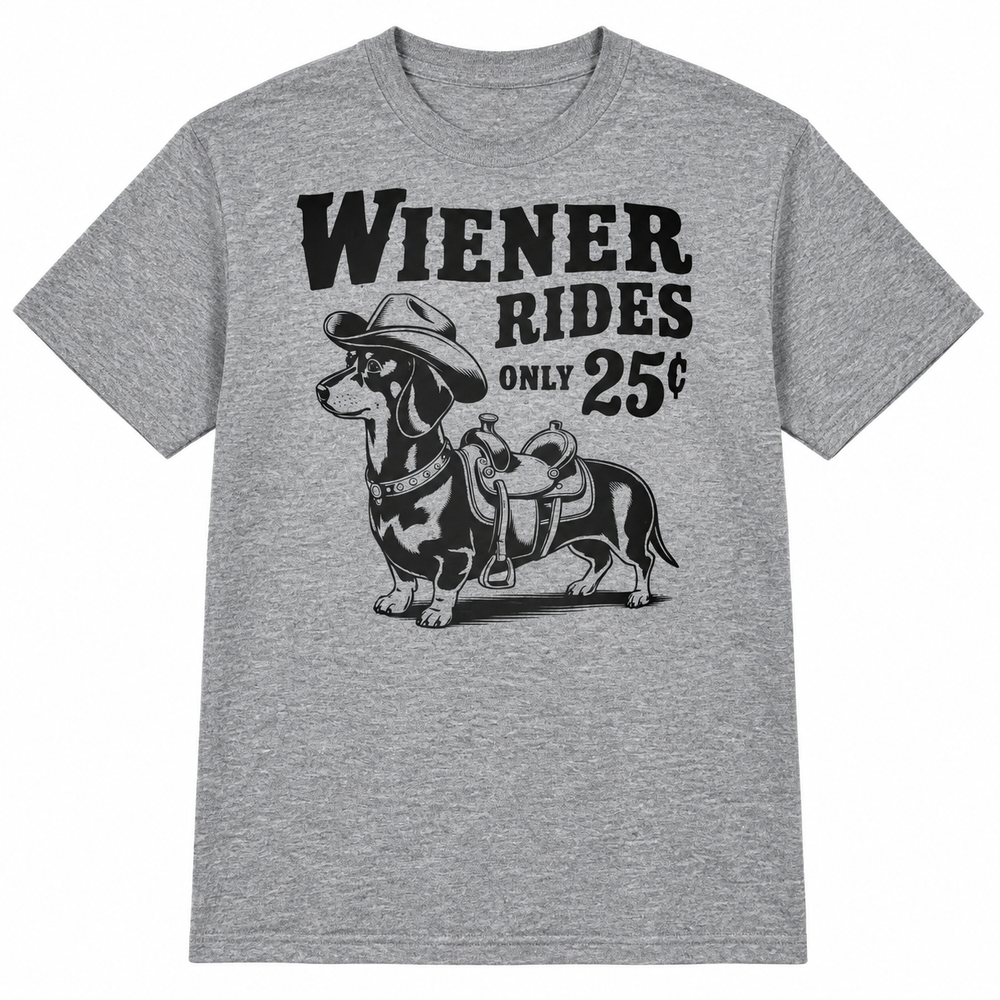 Wiener Dog Rides Heather Graphite funny T-shirt flat product view