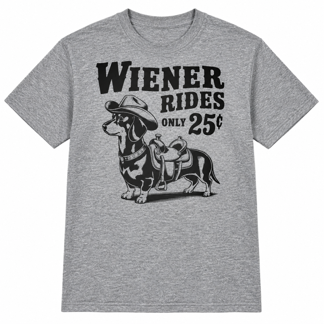 Wiener Dog Rides Heather Graphite funny T-shirt flat product view