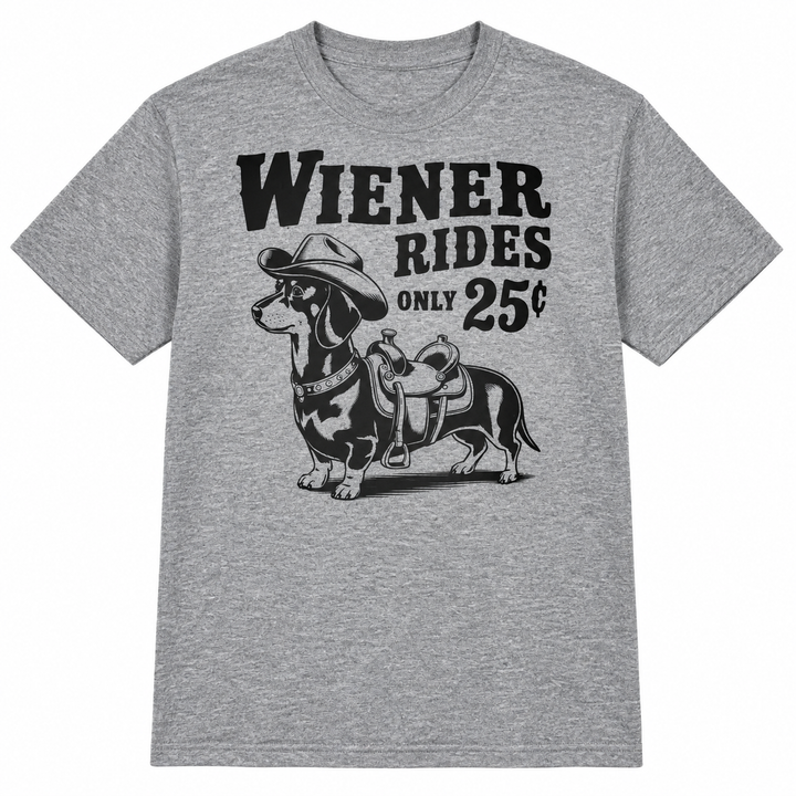 Wiener Dog Rides Heather Graphite funny T-shirt flat product view