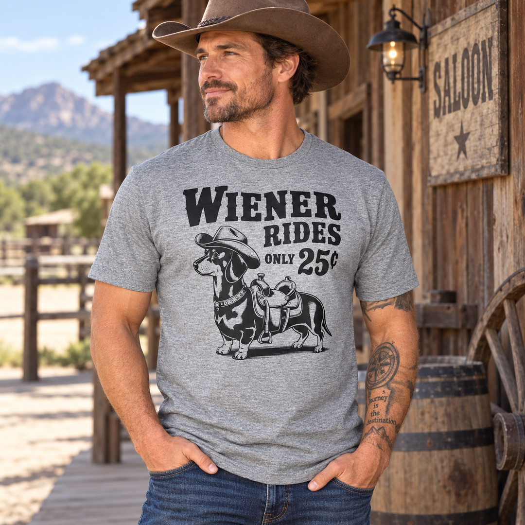 Man wearing Wiener Dog Rides Heather Graphite funny T-shirt