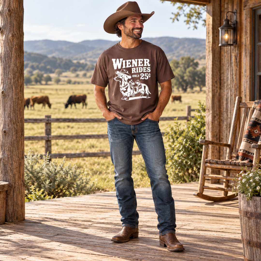 Full-length man wearing Wiener Dog Rides Espresso dachshund humor T-shirt on a Western ranch porch