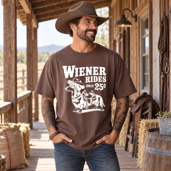 Man wearing Wiener Dog Rides Espresso dachshund humor T-shirt in a complete-head two-thirds Western view