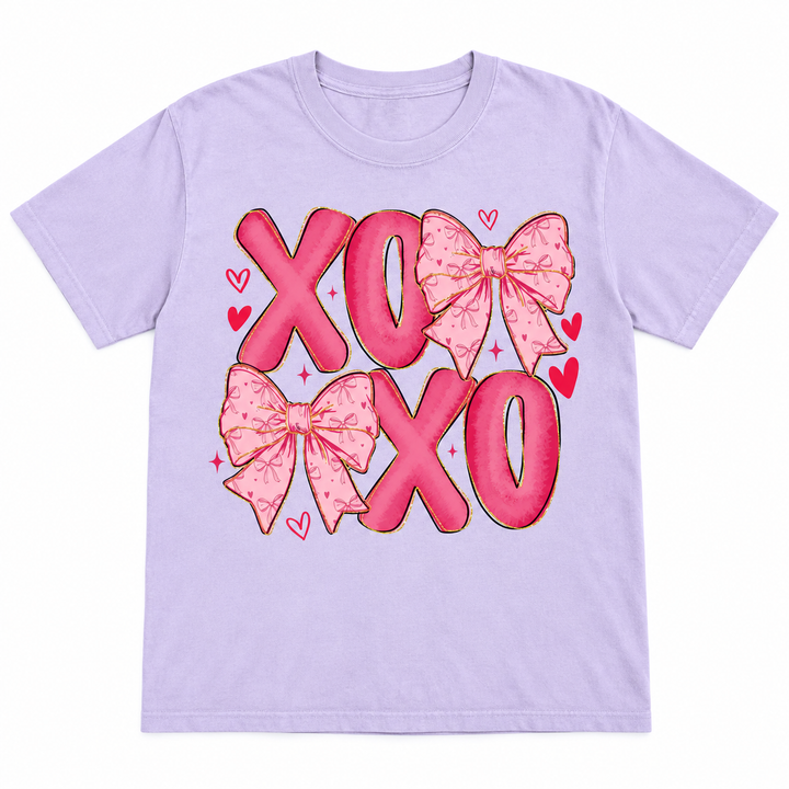 XOXO and bows Orchid Valentine graphic tee on white background
