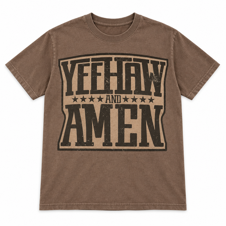 Yeehaw and Amen Western graphic tee lay-flat on white