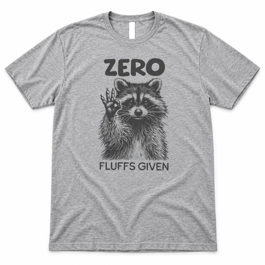 Zero Fluffs Given Heather Gray tee lay-flat on white