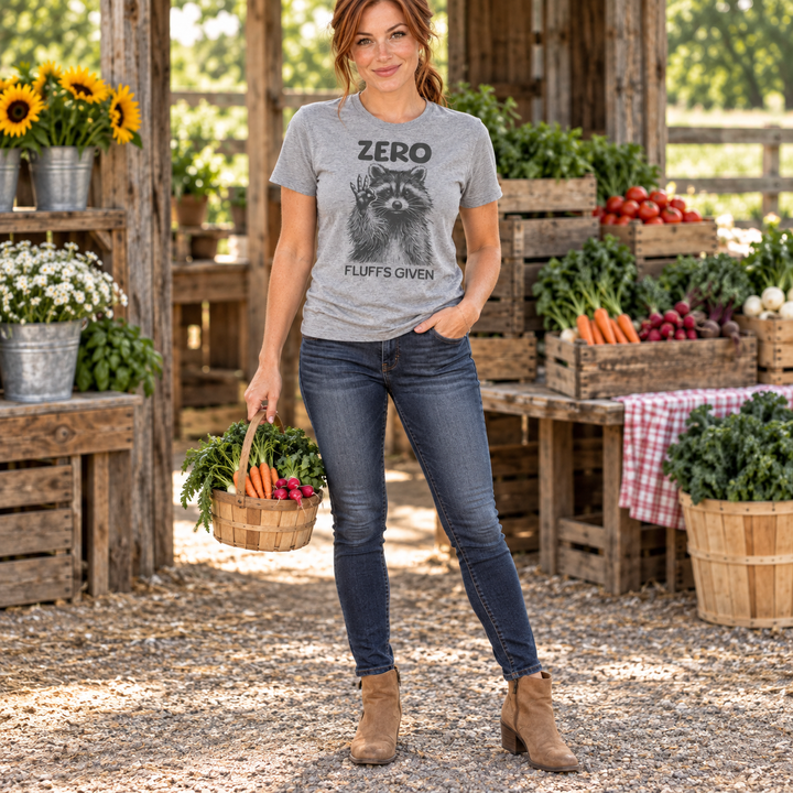 Zero Fluffs Given Heather Gray tee full-body lifestyle