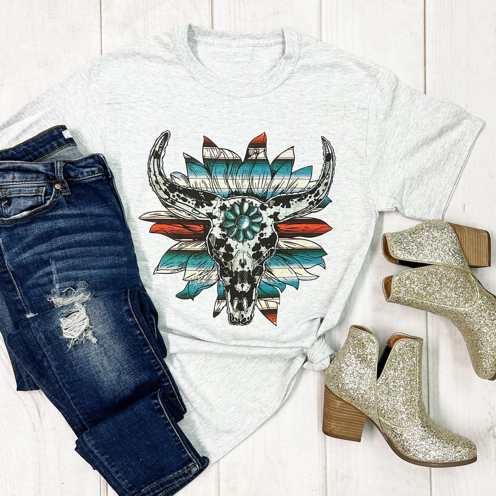 Envy Stylz Boutique Women - Apparel - Shirts - T-Shirts Cow Print Serape Turquoise Bullskull Flower Graphic Tee
