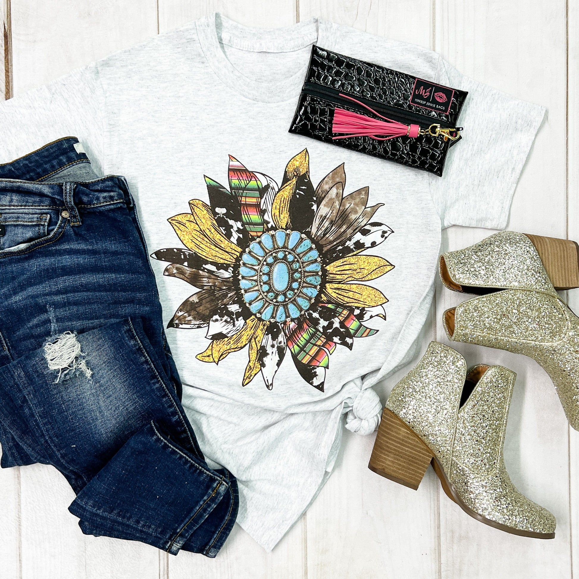 Envy Stylz Boutique Women - Apparel - Shirts - T-Shirts Glitter Serape Cow Gemstone Sunflower Graphic Tee
