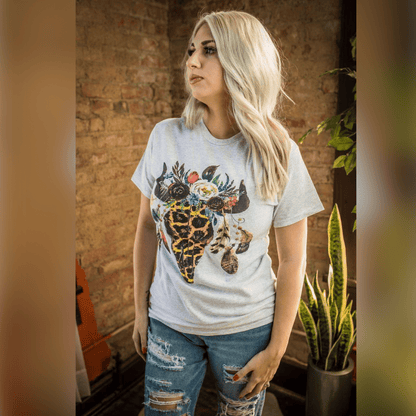 Envy Stylz Boutique Women - Apparel - Shirts - T-Shirts Leopard Floral Feather Bull Skull Graphic Tee