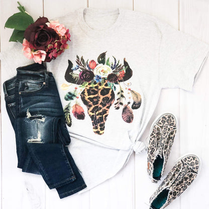 Envy Stylz Boutique Women - Apparel - Shirts - T-Shirts Leopard Floral Feather Bull Skull Graphic Tee