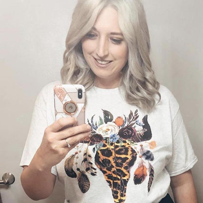 Envy Stylz Boutique Women - Apparel - Shirts - T-Shirts Leopard Floral Feather Bull Skull Graphic Tee
