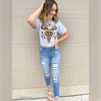 Envy Stylz Boutique Women - Apparel - Shirts - T-Shirts Leopard Floral Feather Bull Skull Graphic Tee