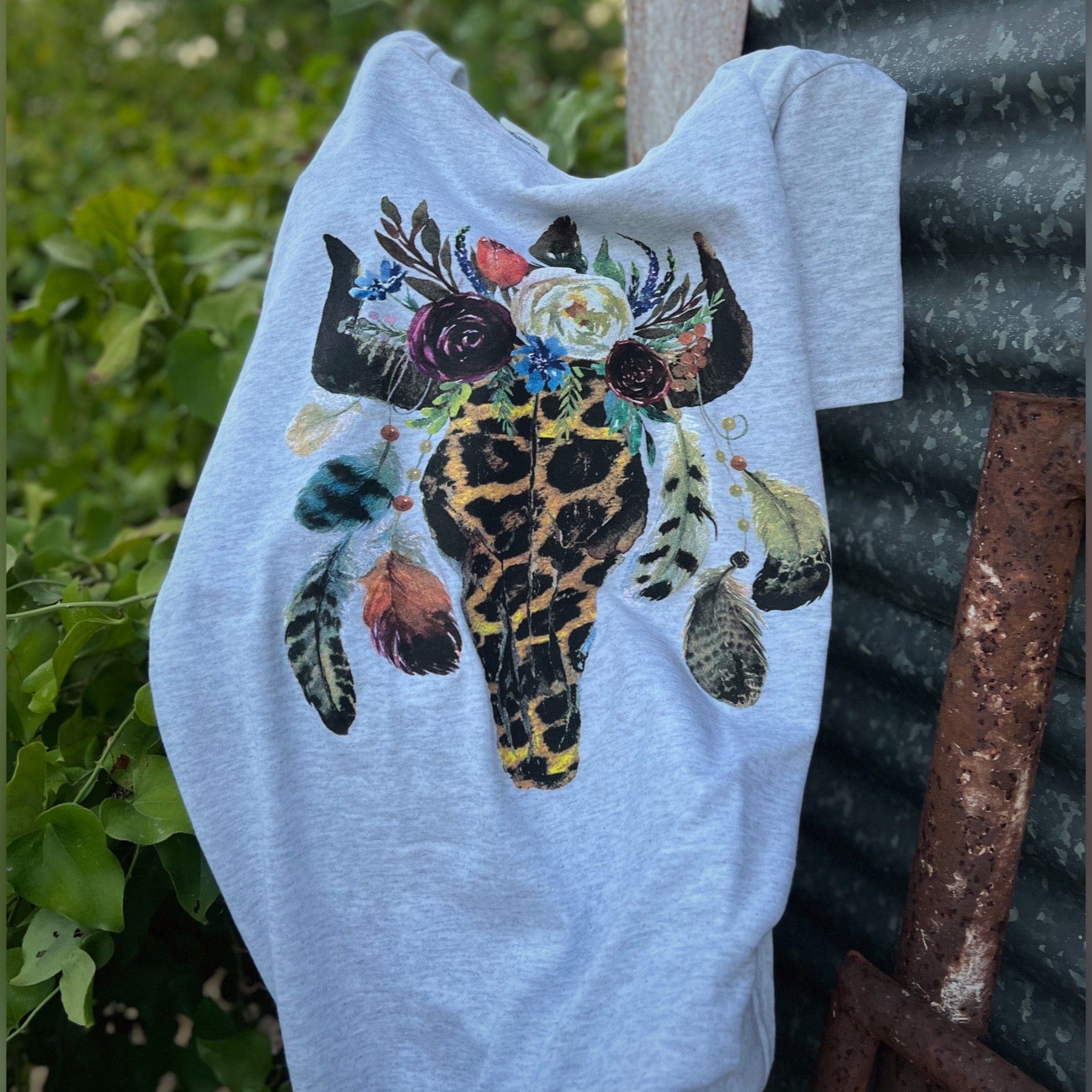 Envy Stylz Boutique Women - Apparel - Shirts - T-Shirts Leopard Floral Feather Bull Skull Graphic Tee