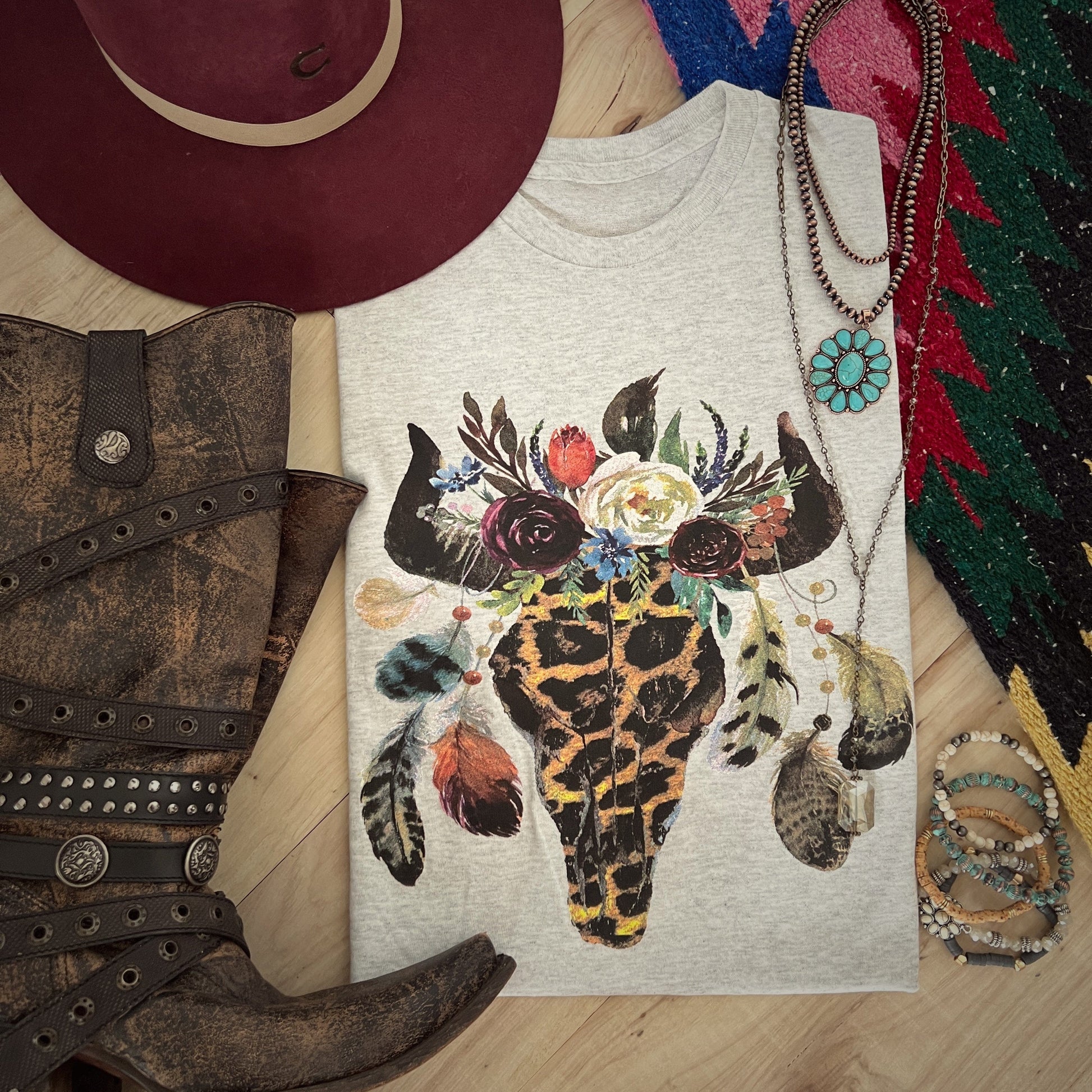 Envy Stylz Boutique Women - Apparel - Shirts - T-Shirts Leopard Floral Feather Bull Skull Graphic Tee